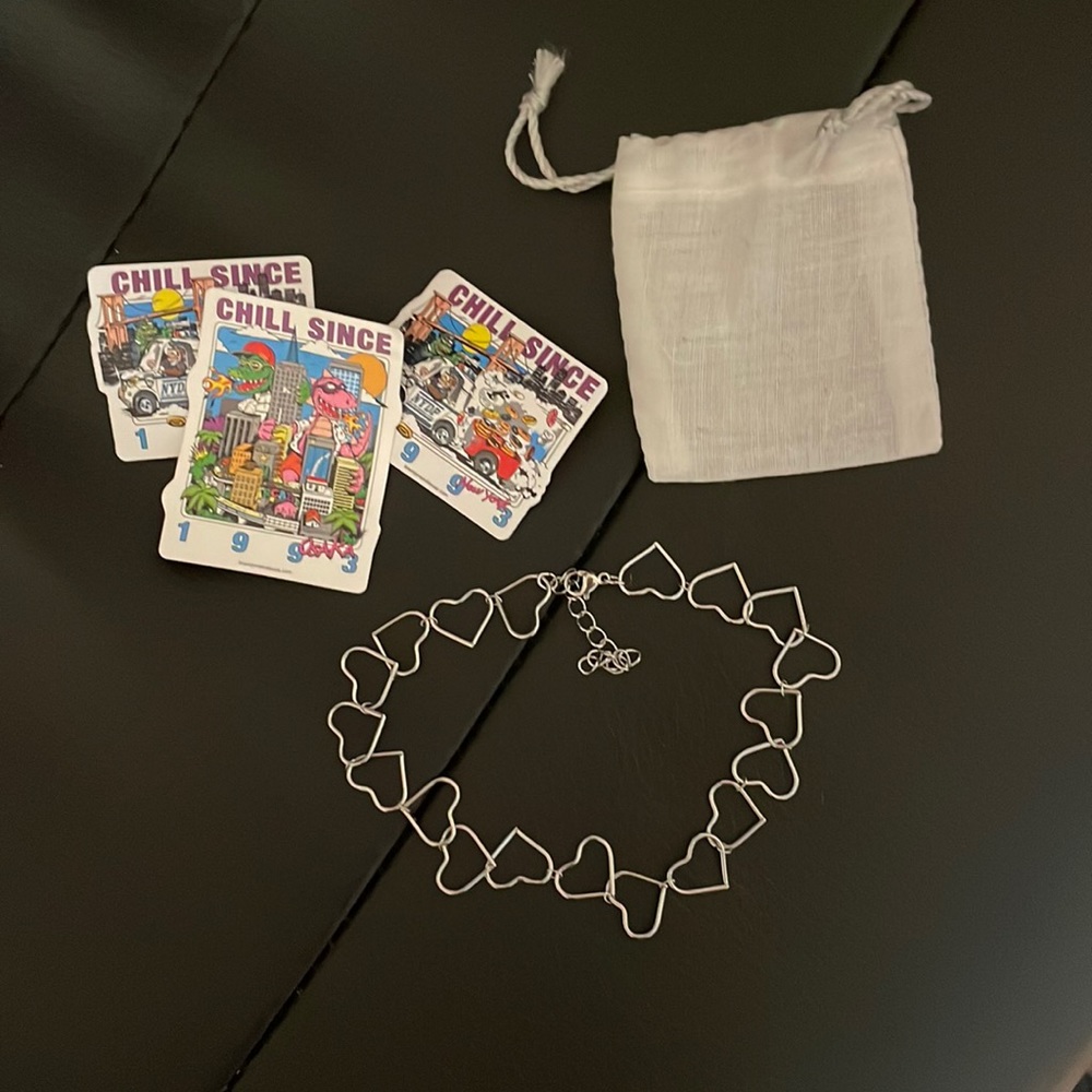silver heart choker, with three stickers